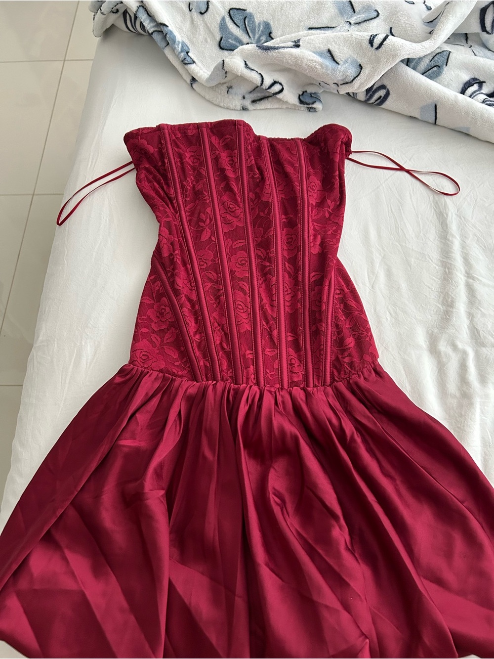 Strapless Burgundy Lace Bodice Evening Dress